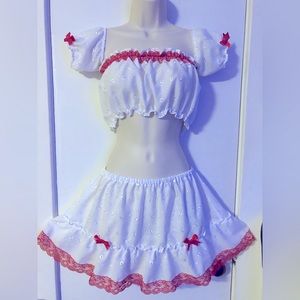 Halloween White Eyelet Red Lace Bows Nurse Ruffle Mini Skirt Puff Sleeve Top